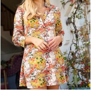 Natural Life Tunic Shirt Short Dress Size XL Button Up Yellow Pink Floral Boho